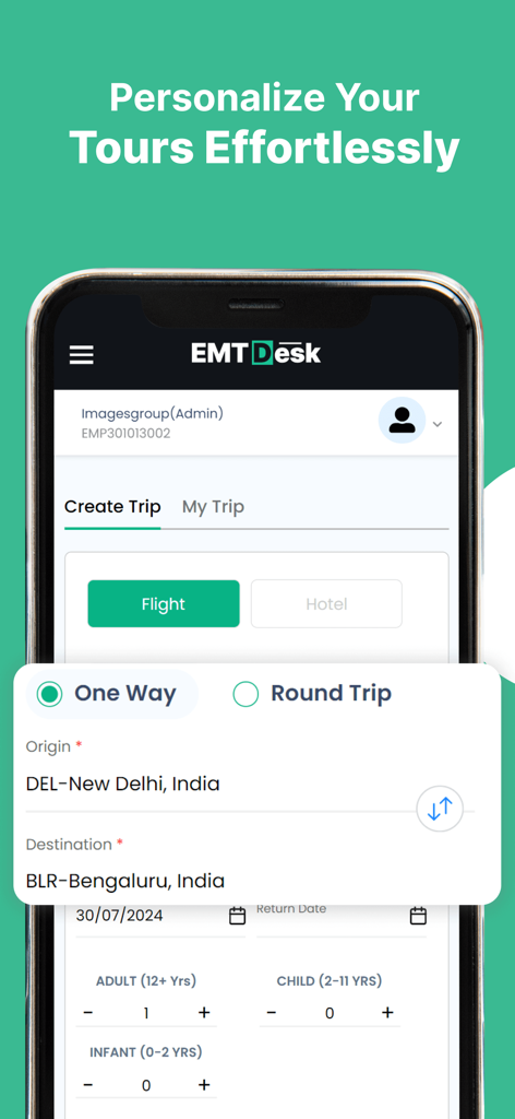 EMTDesk - EMTDesk mobile app screen showing flight search options for corporate travel including origin and destination fields