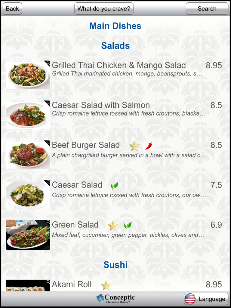 Digital restaurant menu interface showing salad options with photos and prices