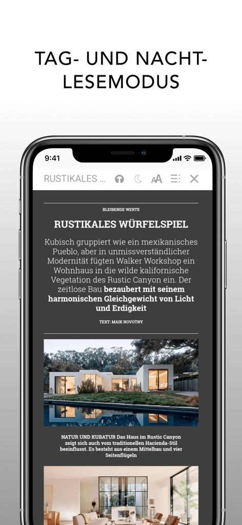 Hauser Magazin app showing an architectural article in night reading mode.