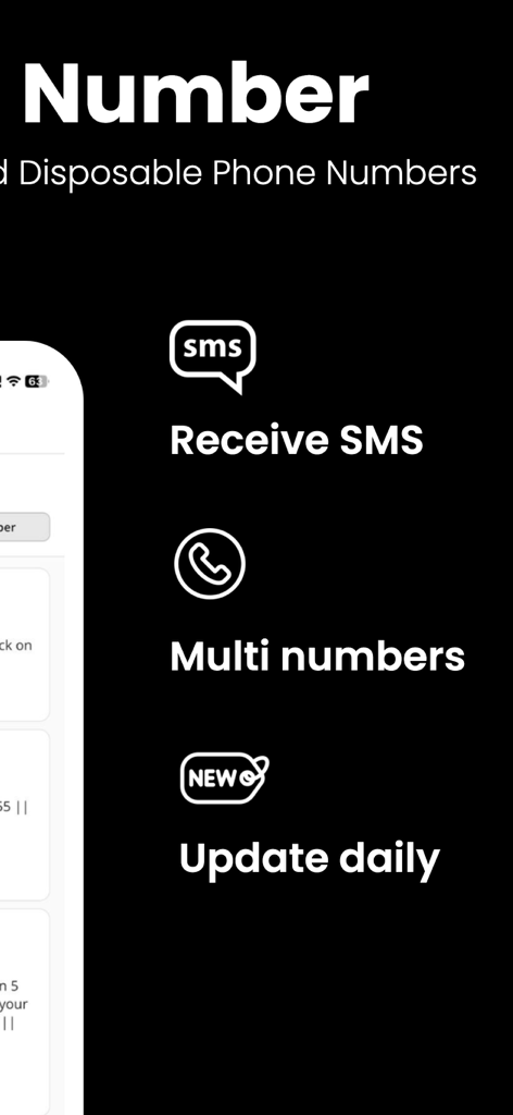 Temp Number - Receive SMS - Features of Temp Number app highlighting receive SMS and daily updates