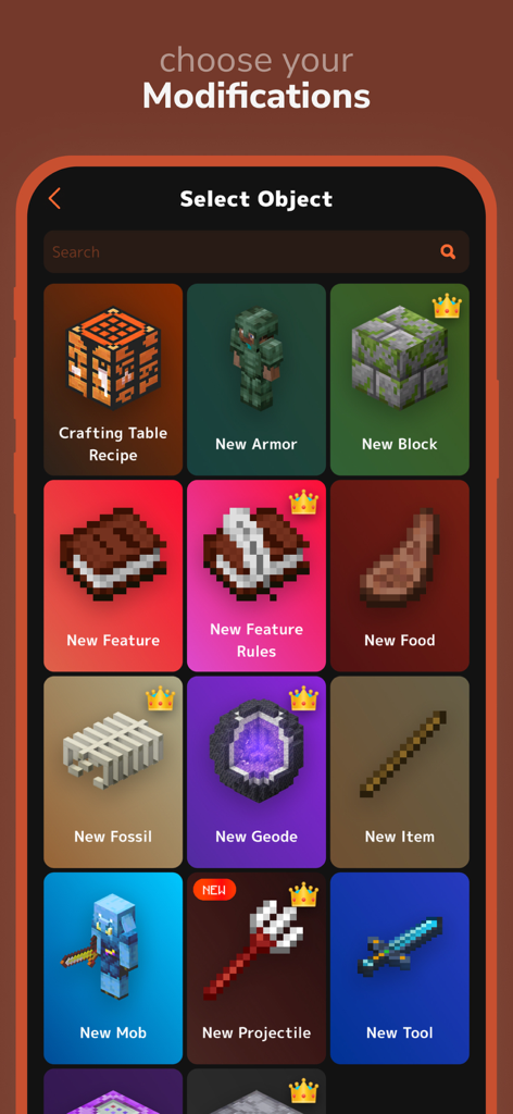 A menu to select Minecraft objects like armor blocks and tools for custom modification.