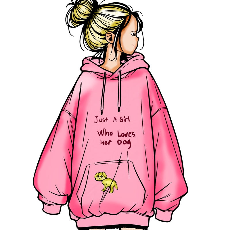 realistic girl with a oversized sweatshirt on and a bun