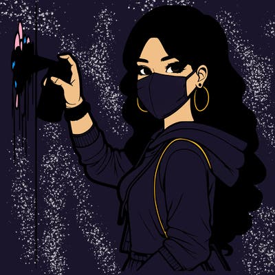 realistic girl with mask spray painting a wall