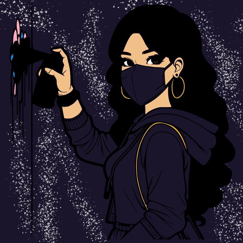 realistic girl with mask spray painting a wall