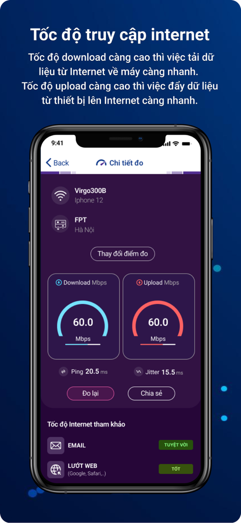 Mobile app interface of i-SPEED by VNNIC showing internet connection speed results