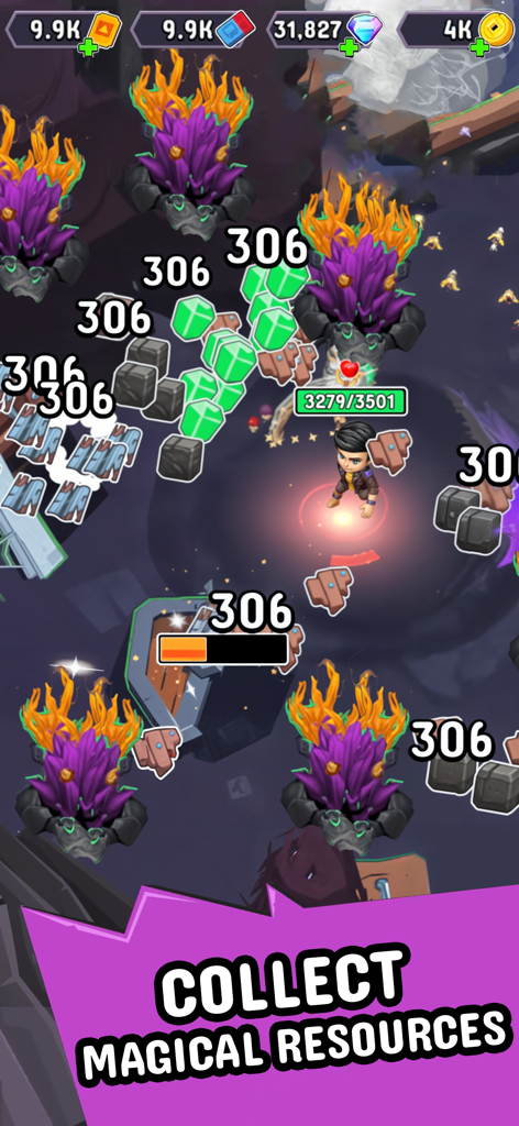 Wizario: Idle Survival - Wizard character gathering green gems and stones while battling purple monsters in Wizario Idle Survival.
