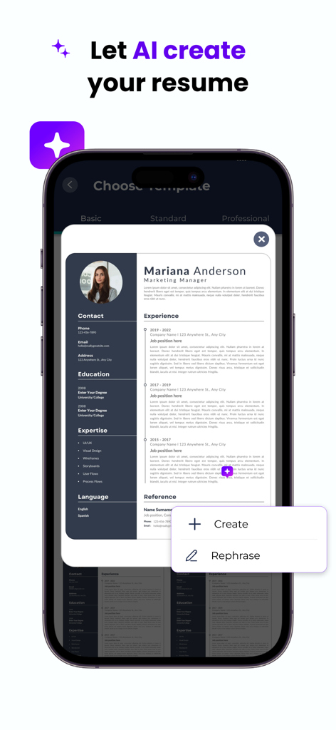 AI Resume Maker - CV Builder - A mobile phone displaying a professional resume template created with AI.