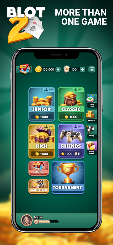 Blot 2 - Blot 2 mobile app lobby showing various game modes including Junior Classic and Tournament