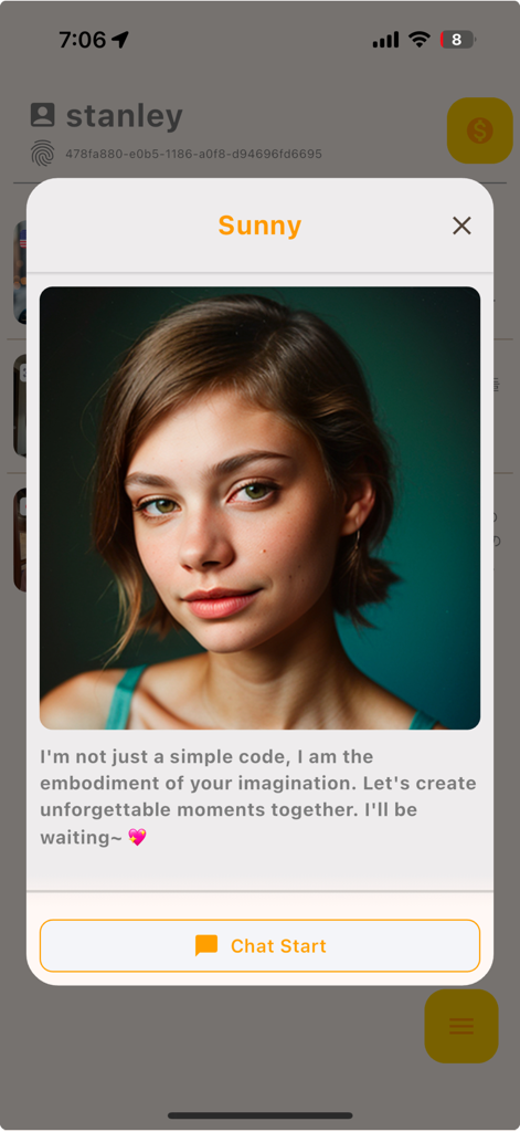 Ein Pop-up-Fenster in der Her App mit einer KI-Freundin namens Sunny und einem Button zum Starten eines Chats.