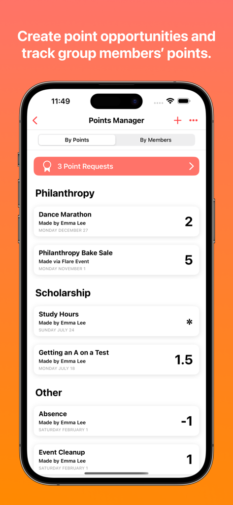 Flare - For Groups - Screenshot of the Flare app Points Manager showing group point tracking for student organizations.