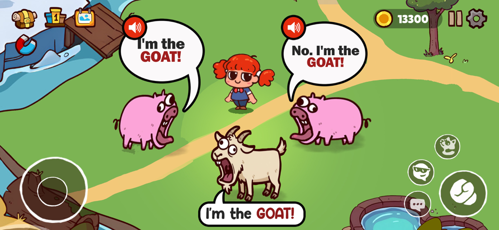 Animal Voice Fun Game - 말풍선에 "내가 바로 고트다"라고 쓰여 있는 들판의 만화 돼지와 염소