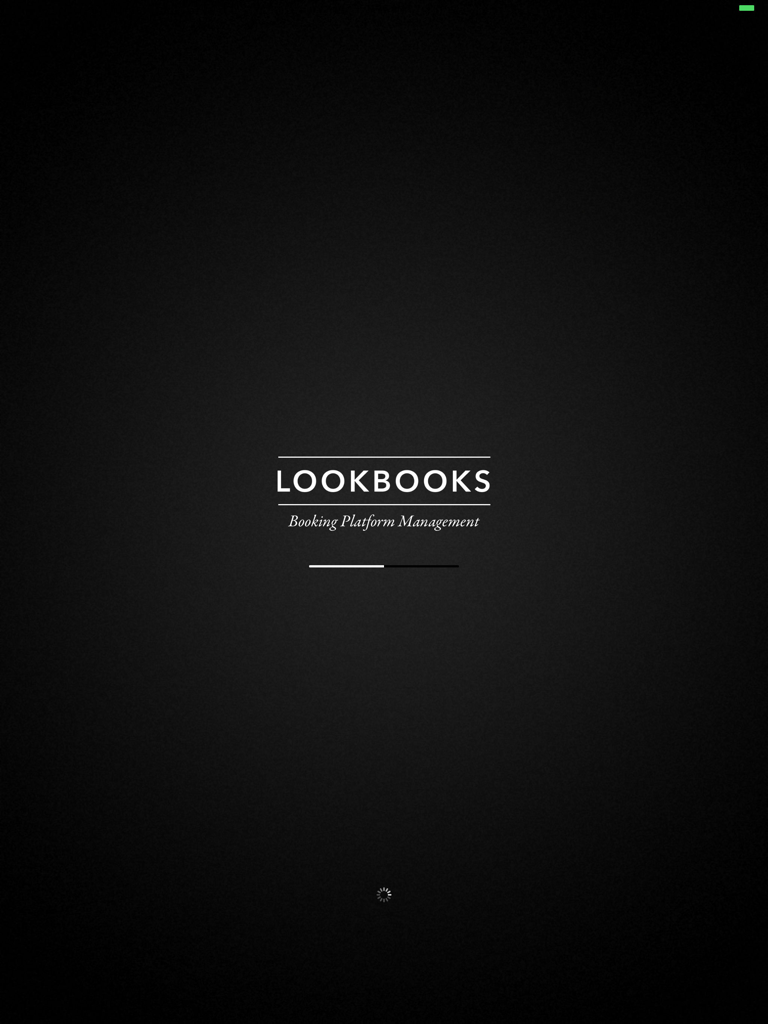 Minimalistische Startbildschirm von Lookbooks Portfolio mit Logo und Ladefortschrittsbalken auf schwarzem Hintergrund