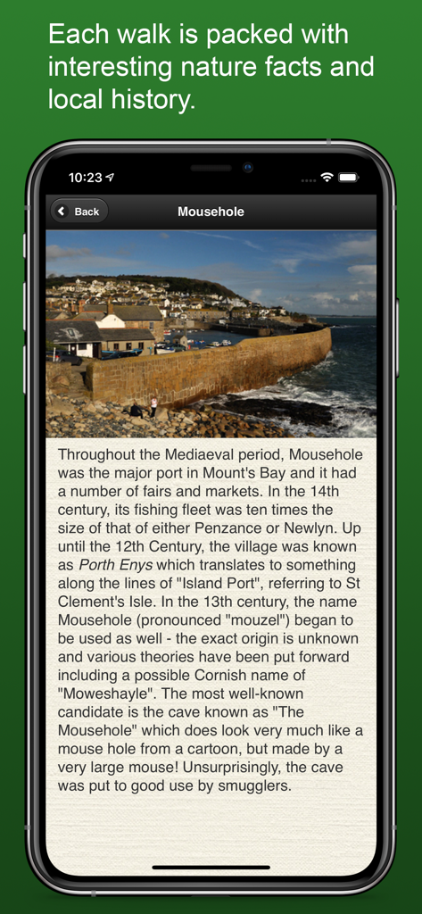 A mobile screen showing historical details and a scenic photo of Mousehole harbor in the iWalk Cornwall app.