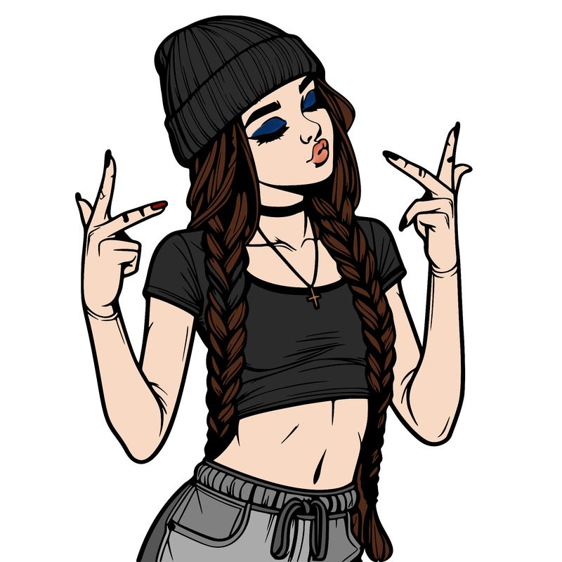 realistic teenage girl with braids and a beanie and crop top doing 🫶🏼