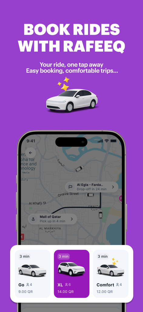 Écran de smartphone montrant les options de réservation de trajets Rafeeq et la carte au Qatar