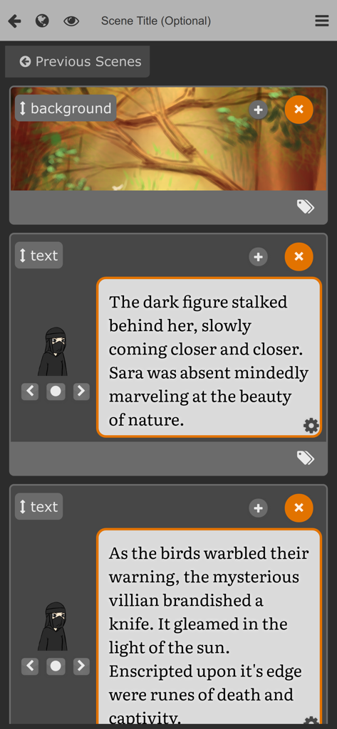 CYOA Factory - Interface of the CYOA Factory app showing a scene editor with narrative text blocks and a forest background image.
