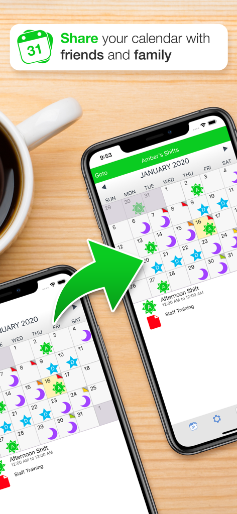 Due smartphone che condividono gli orari di lavoro a turni tramite l'interfaccia del calendario dell'app Shift Worker