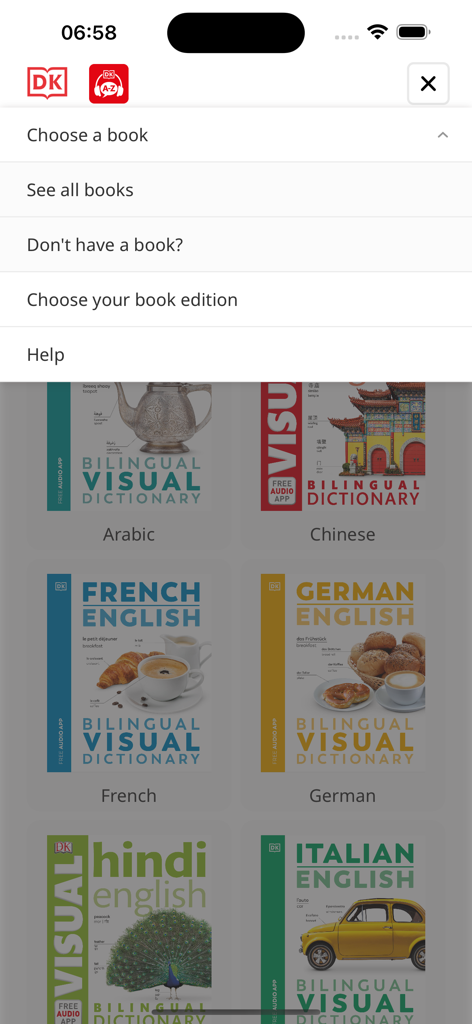 DK Bilingual Visual Dictionary - Language selection menu in the DK Bilingual Visual Dictionary app showing covers for Arabic, Chinese, French, German, Hindi, and Italian books