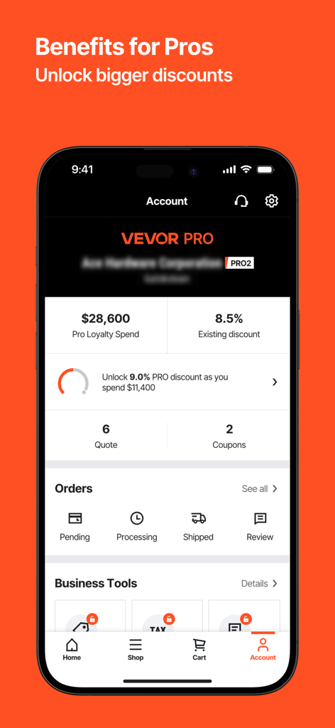 VEVOR Pro account dashboard showing loyalty spend and tiered discounts for professionals