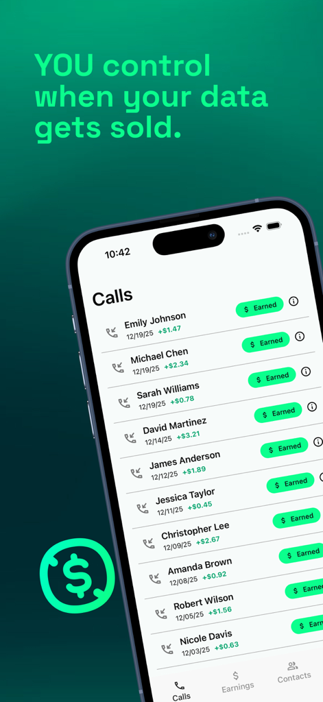Neon app interface showing a list of recent calls and the money earned for each conversation