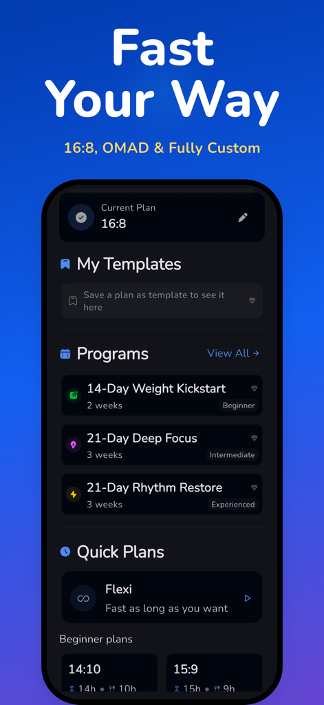 A smartphone screen displaying various intermittent fasting plans and programs within the Easy Fast app interface.