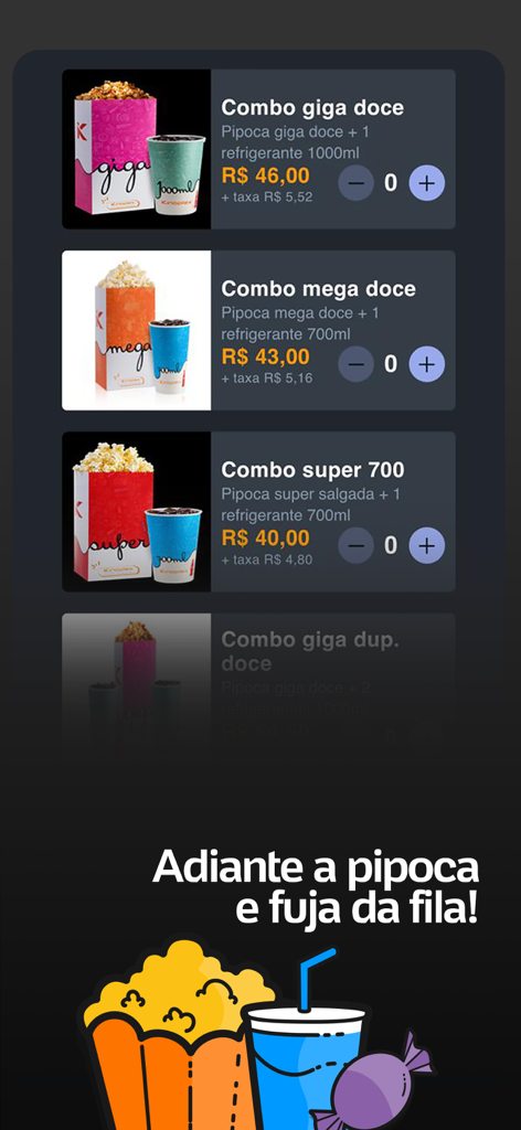 Cinema snack combos and pricing on the Ingresso app interface