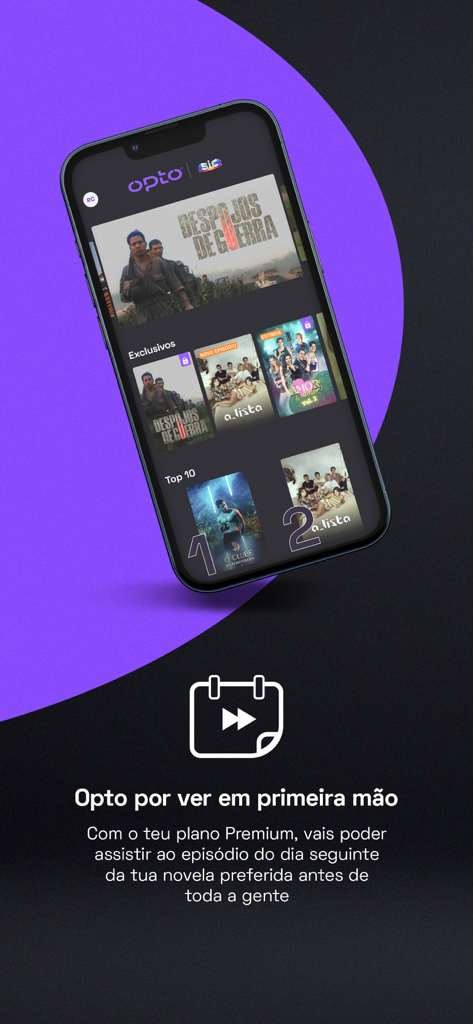 Opto SIC - Smartphone displaying the Opto SIC app interface with exclusive Portuguese soap operas and premium early access features.