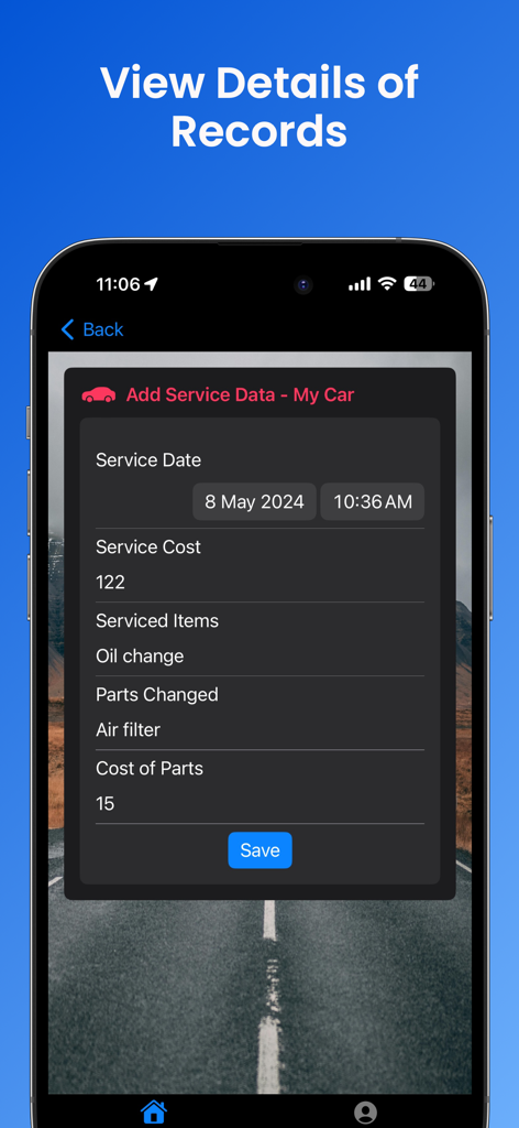 Mobile app screen showing a form to add vehicle maintenance records like oil changes and part costs
