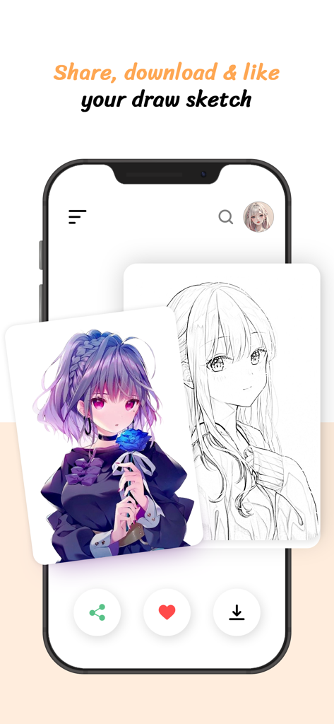 Learn How to Draw Anime Sketch - Mobile app interface showing anime character sketches with buttons to share like and download drawings