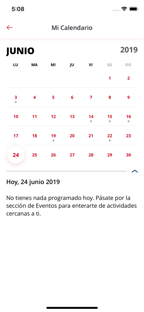 Academic calendar interface in the URJC official app