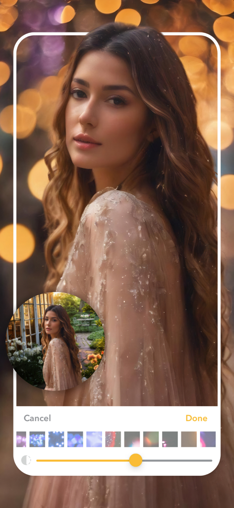 Interface of a photo editing app showing a golden bokeh light effect being applied to a woman's portrait