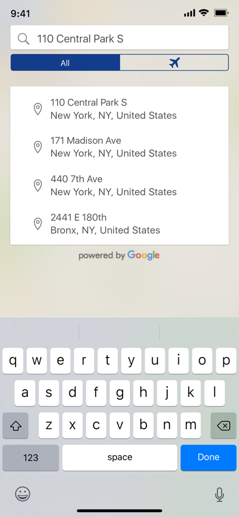 Dial 7 app interface for searching pickup and drop-off addresses in New York City