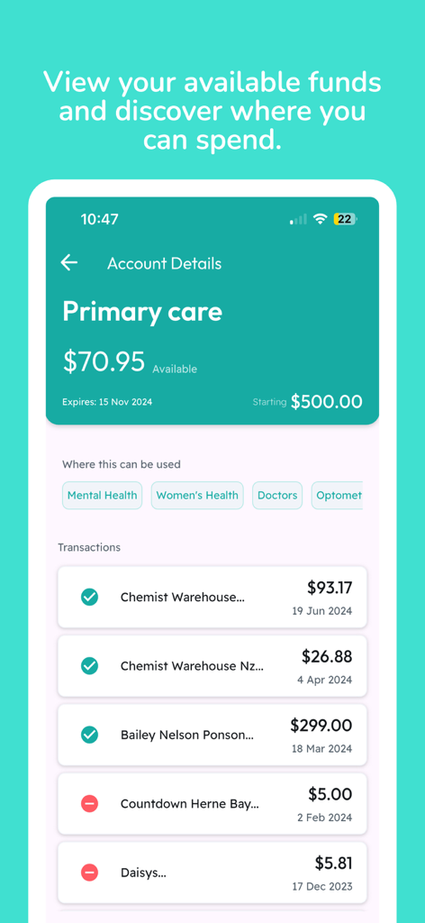 L'interface de l'application My Health Now affichant le solde des fonds de soins primaires et un journal de l'historique des transactions.