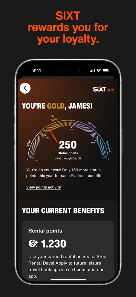SIXT rent, share, ride & plus - Interfaccia mobile dell'app SIXT che mostra un profilo fedeltà utente con stato oro e tracker punti stato