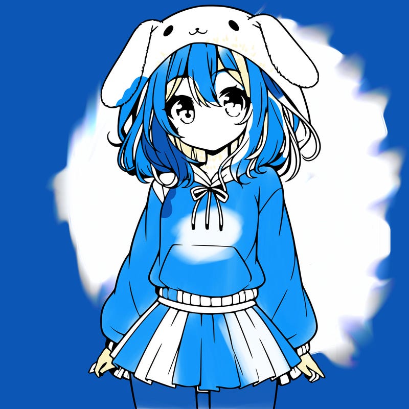 pretty anime girl wearing a fluffy hoodie with bunny ears on the hood and a skirt