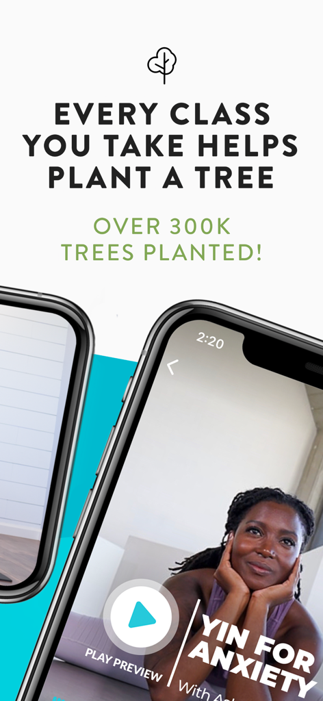 YouAligned app promotional screen showing yoga classes and their tree planting initiative
