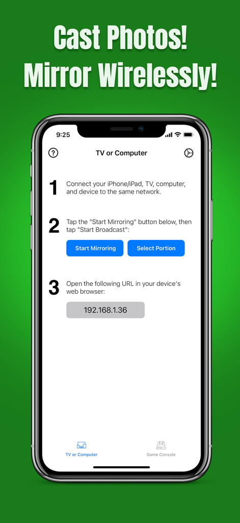 Air Mirror: Smart TV & Console - Interfaccia dell'app Air Mirror che mostra i passaggi per connettersi ed effettuare il mirroring in modalità wireless su una TV o un computer