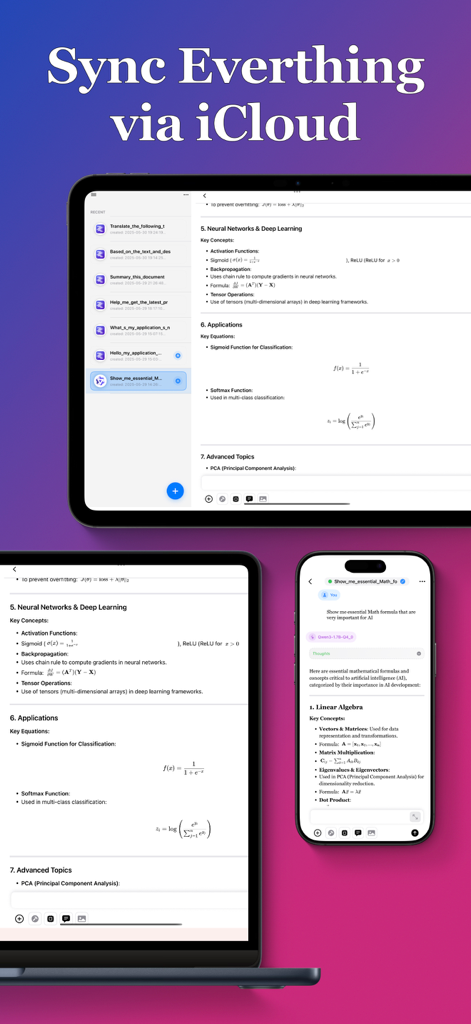 Privacy AI: Powerful chatbot - Privacy AI app interface showing iCloud synchronization of technical chat history across iPad and iPhone