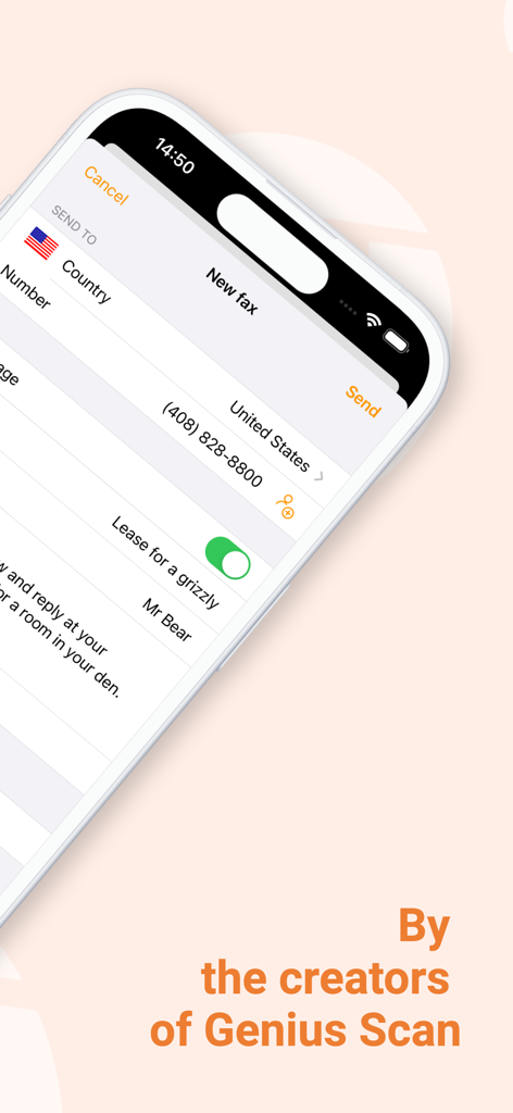 Genius Fax - Faxing app - Genius Fax app interface showing the screen to compose and send a new fax from an iPhone