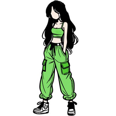 girl in baggy pants crop top and long hair