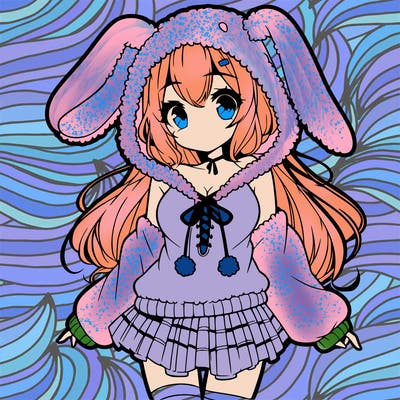 pretty anime girl wearing a fluffy hoodie with bunny ears on the hood and a skirt