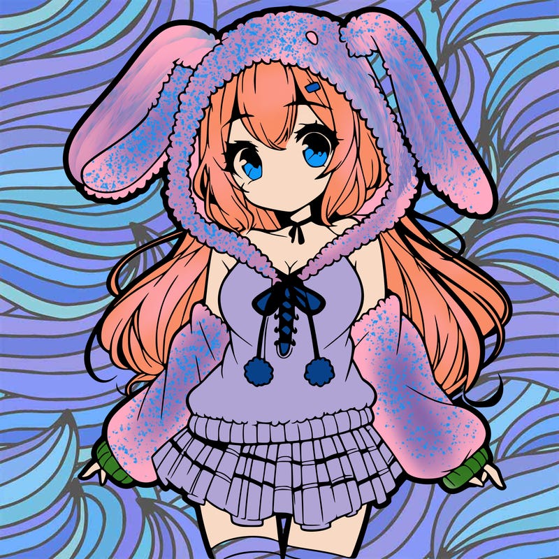 pretty anime girl wearing a fluffy hoodie with bunny ears on the hood and a skirt