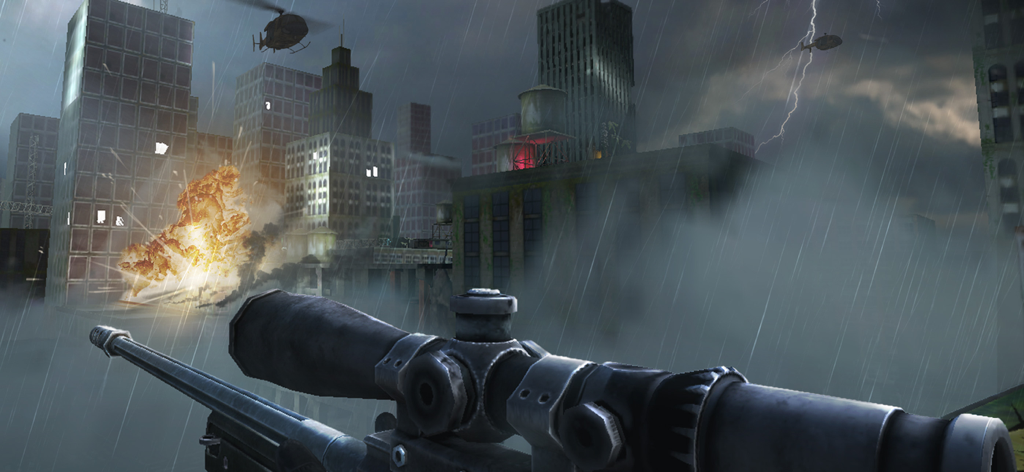 Zombie Hunter II - First person sniper view of an urban zombie warzone with explosions and rain