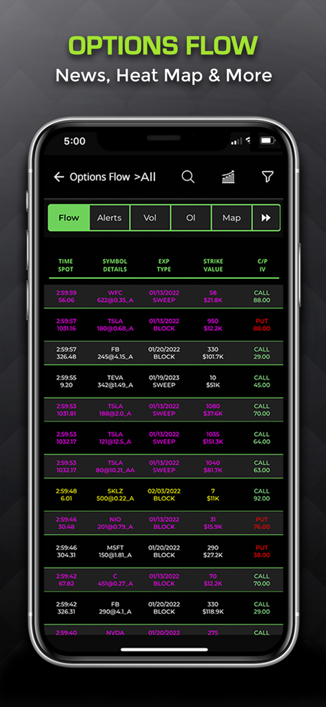 Real time options flow data displaying trade alerts and strike values on the BlackBoxStocks mobile app interface