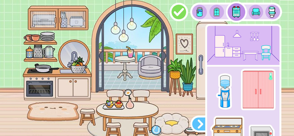 Inneneinrichtung einer Küche und eines Esszimmers im Spiel Prinzessinnen-Traumhaus