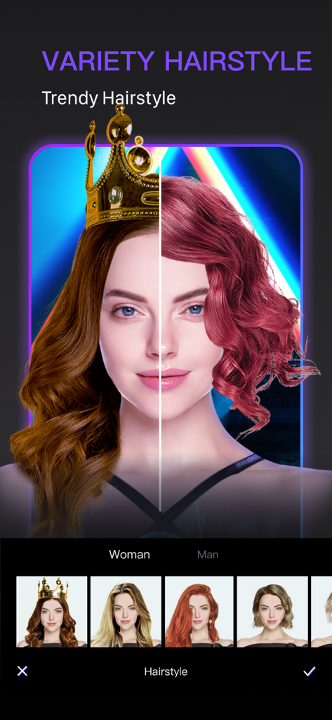 LoopArt - 3D Photo & Morph - LoopArt 앱 스크린샷, 여성이 왕관과 빨간 머리를 포함한 다양한 헤어스타일을 체험하는 모습을 보여줌