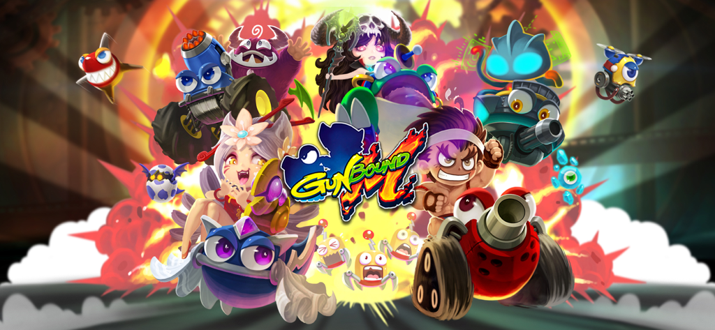 GunboundM - ガンバウンドMのプロモーショングラフィック。アニメスタイルのキャラクターと戦術的なバトルタンクを表示