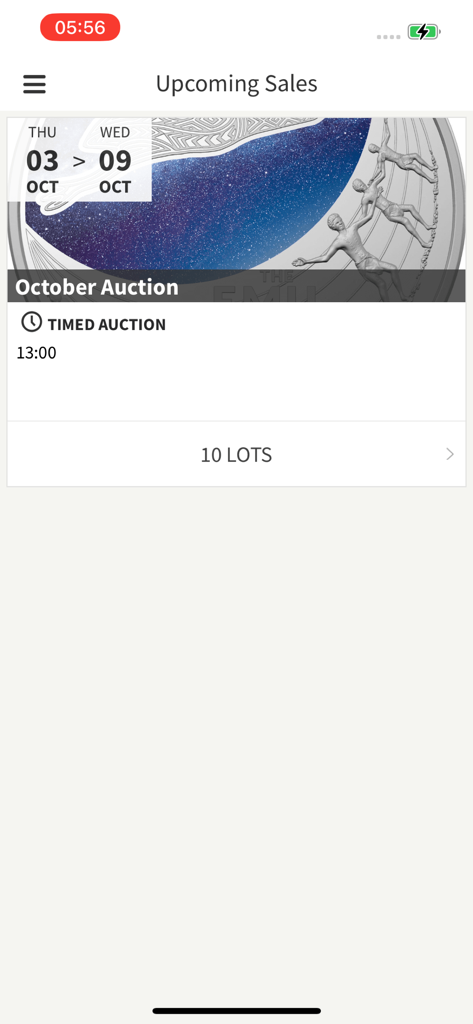 A tela de vendas futuras no aplicativo Coins Australia Auctions mostrando um leilão programado para outubro.