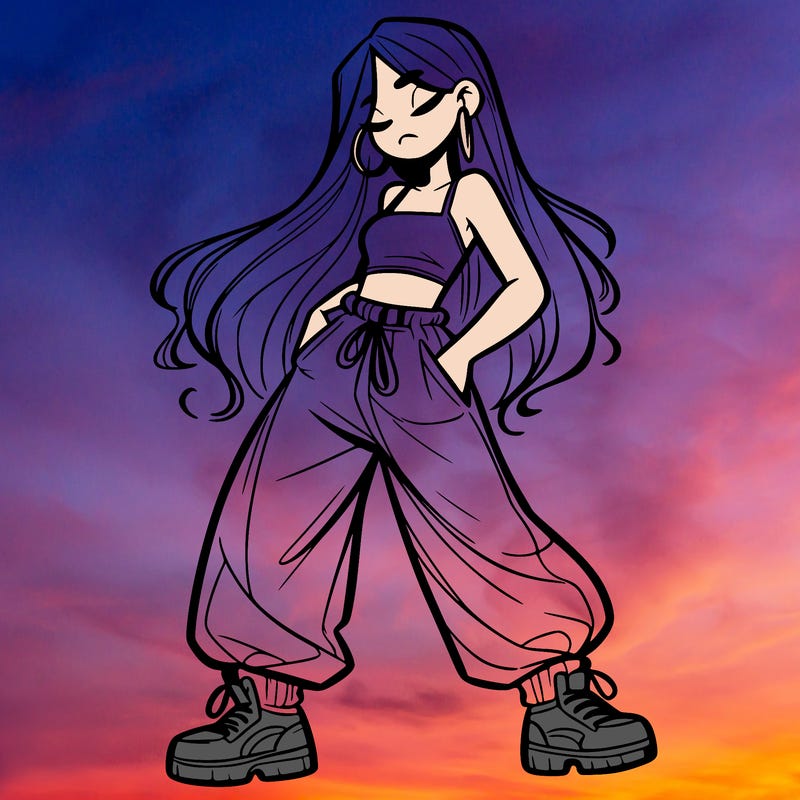 girl in baggy pants crop top and long hair