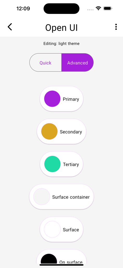 Advanced color customization screen in the Open UI app for editing light theme settings